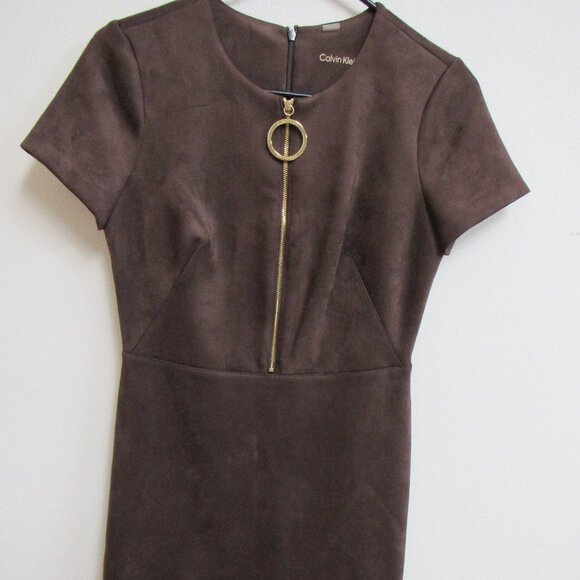 Calvin Klein Brown Faux Suede Knee Length Crew Neck Zip O-Ring Dress Size 4 - Picture 1 of 6